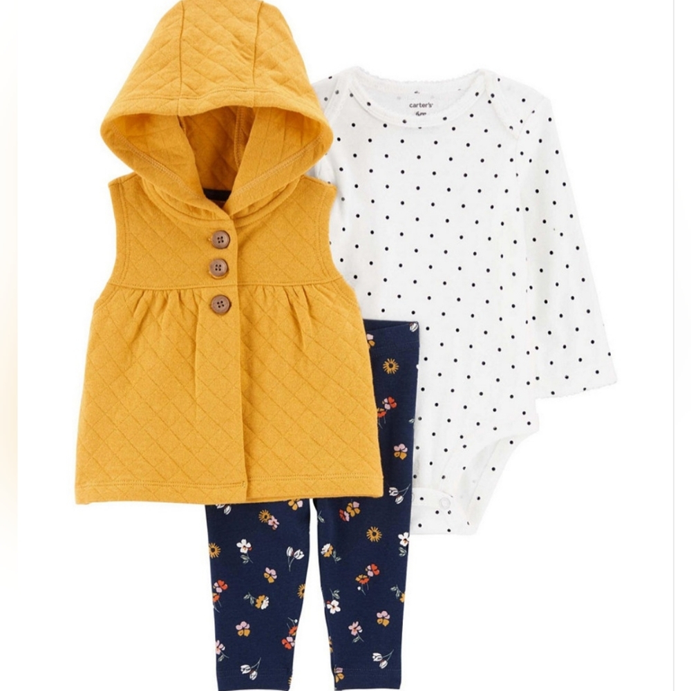 Baby Girls Hooded Vest, Bodysuit and Leggings, 3 Piece Set